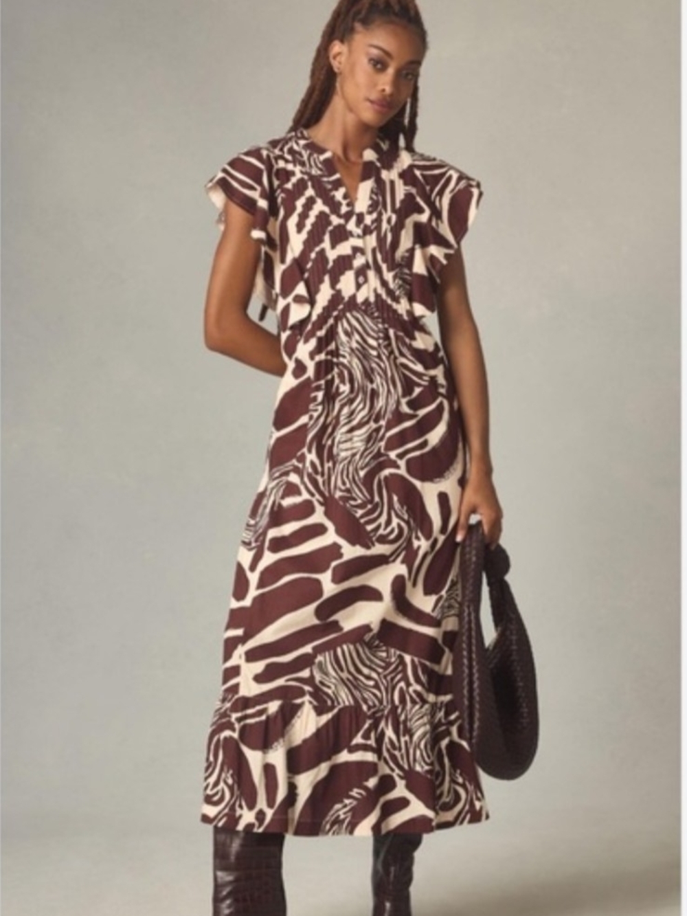Anthropologie Brown and Cream Abstract Print Maxi Dress